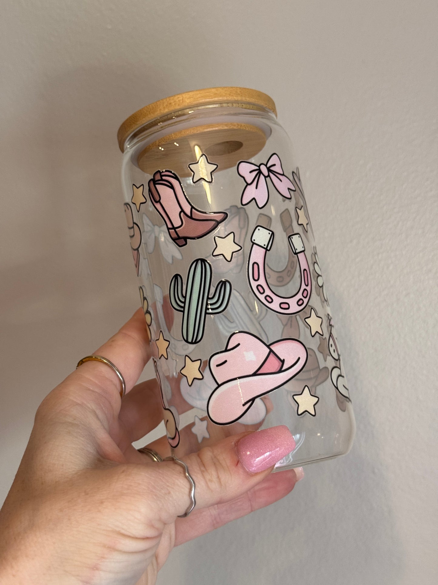 Western Girly Pastel Glass Cup Sawdust and Cedar