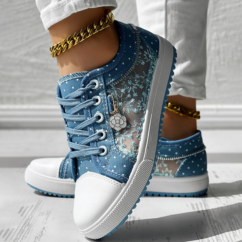 Floral Embroidered Polka Dot Print Sneakers Women's Casual Canvas Shoes