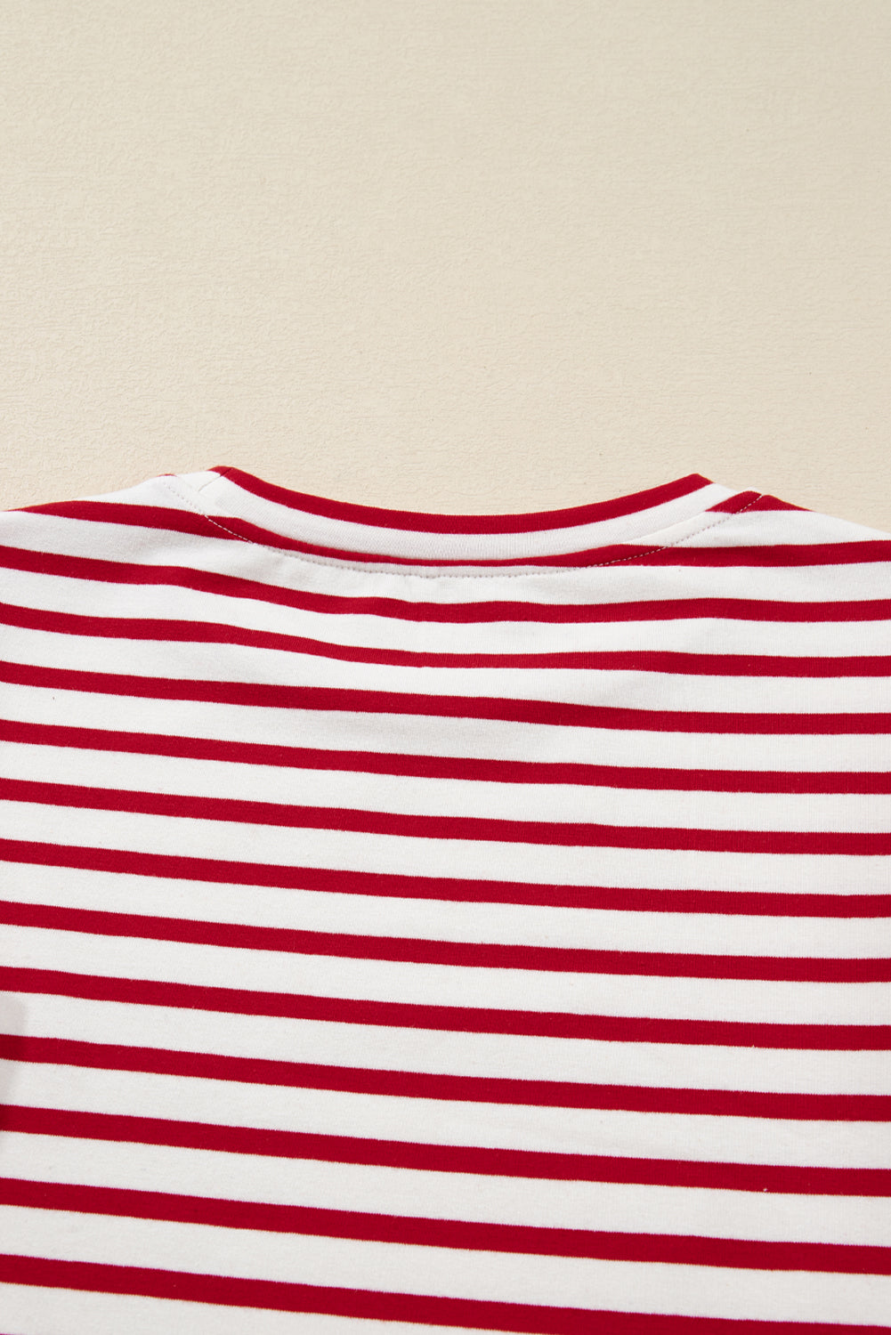 Red Stripe Ruffle Trim Long Sleeve Round Neck Top