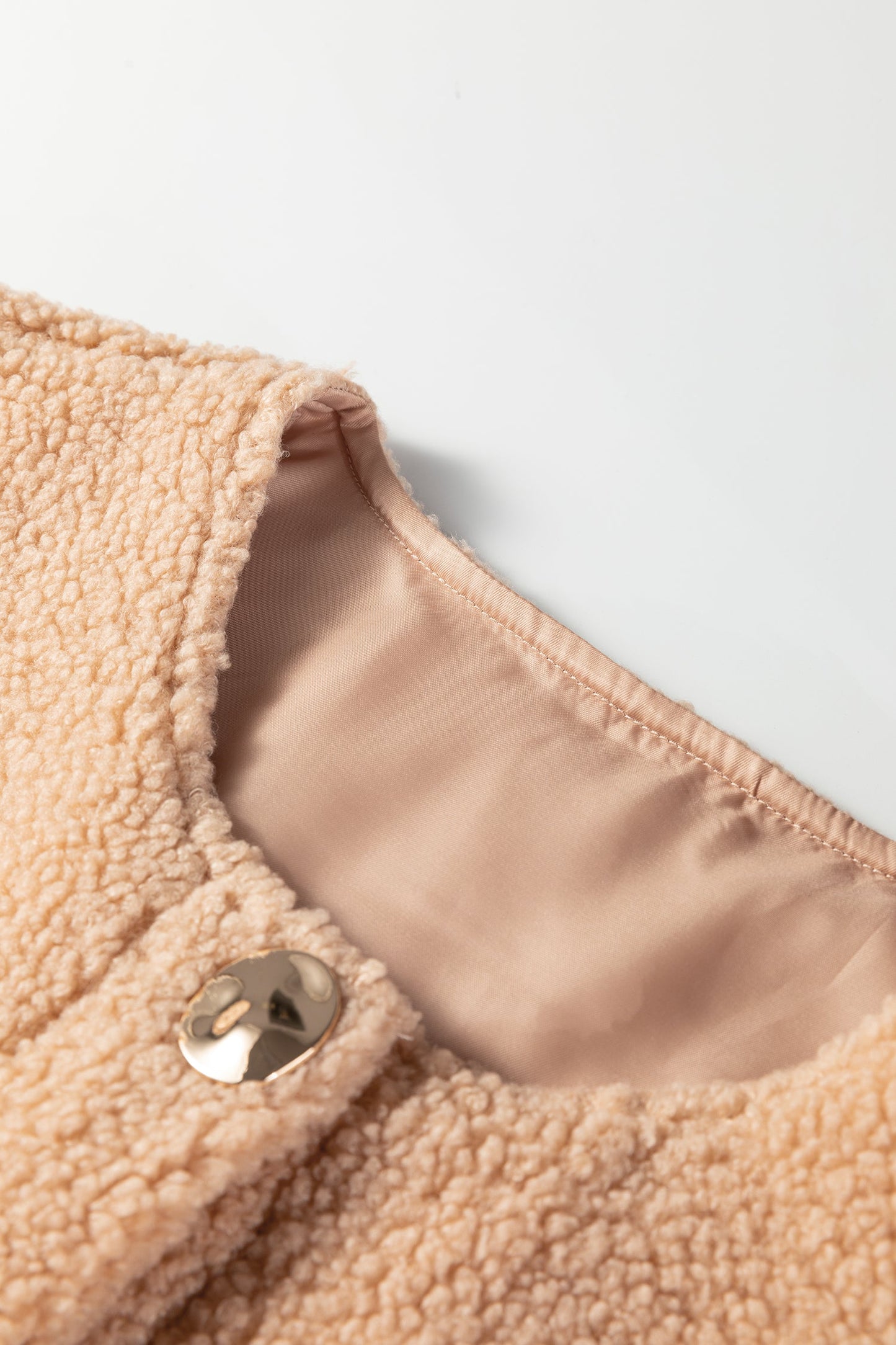 Light French Beige Fuzzy Pocket Vest Big Button Accent