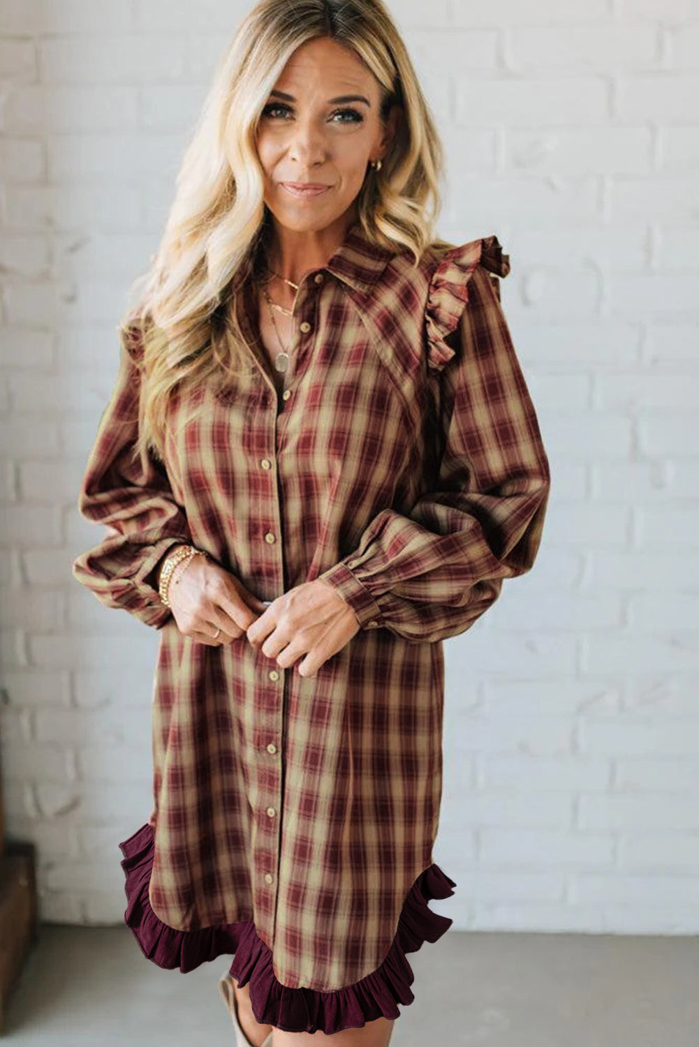 Red Plaid Print Ruffled Long Sleeve Mini Shirt Dress