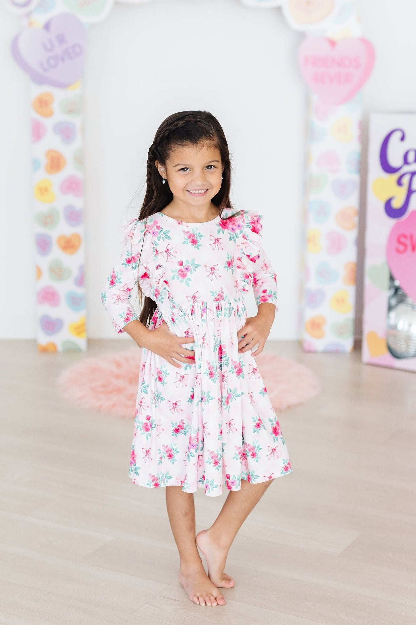 Gingham Bows 3/4 Sleeve Ruffle Twirl Dress Mila & Rose