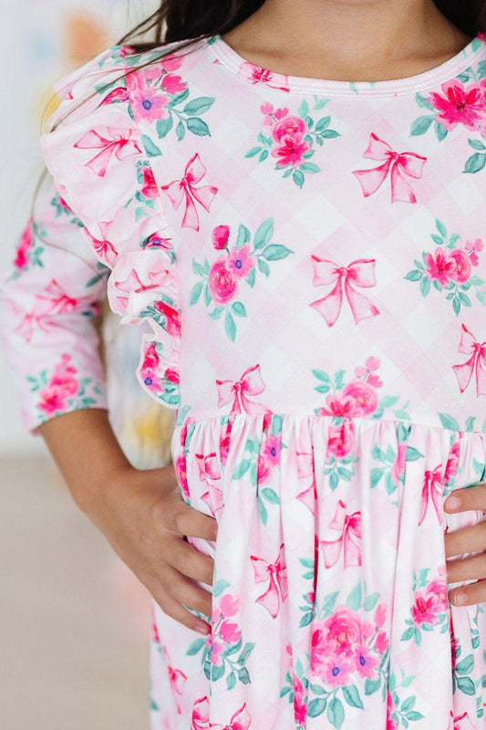 Gingham Bows 3/4 Sleeve Ruffle Twirl Dress Mila & Rose