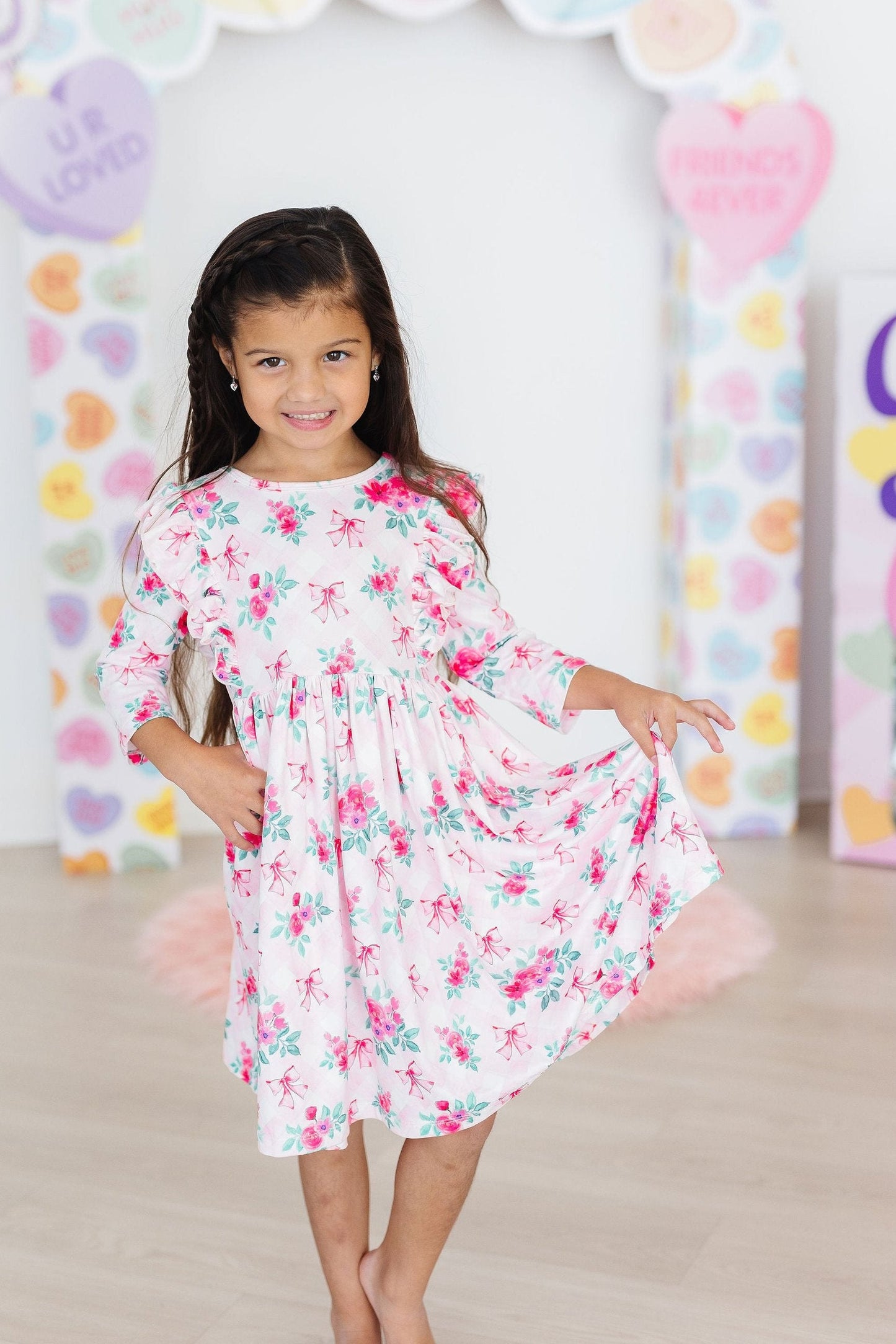 Gingham Bows 3/4 Sleeve Ruffle Twirl Dress Mila & Rose