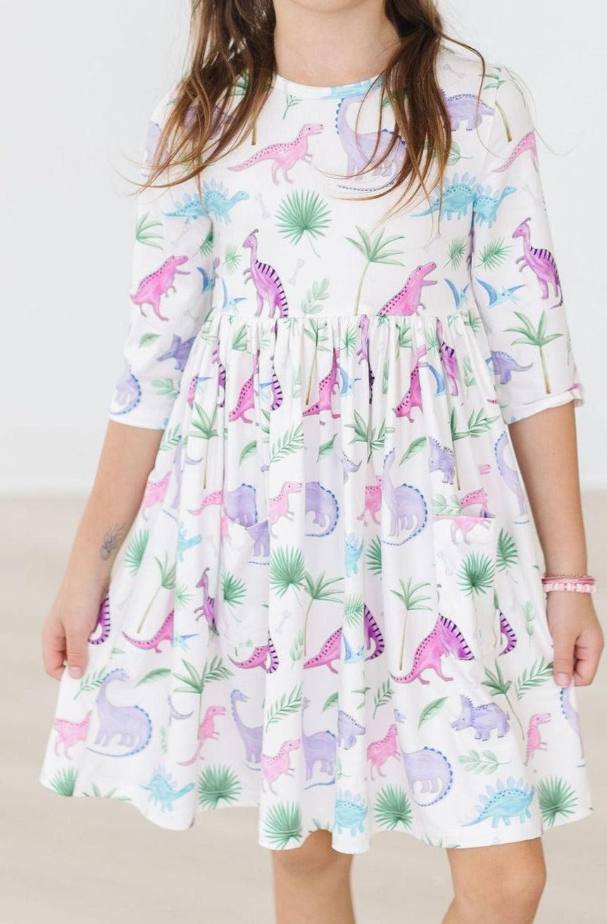 Dino Darling Twirly 3/4 Sleeve Pocket Twirl Dress Mila & Rose