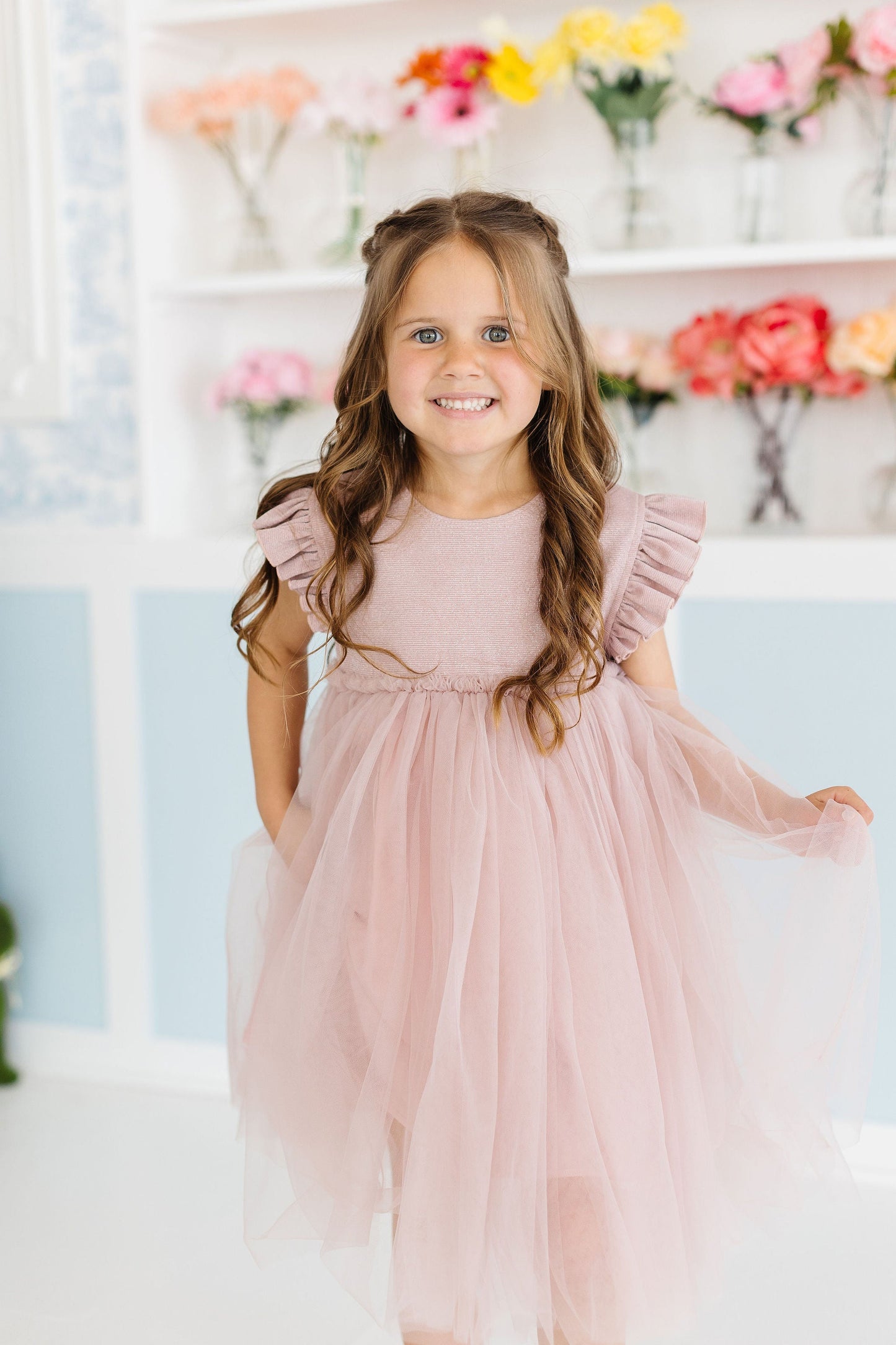 Dusty Pink Shimmer Tutu Dress with Flutter Sleeves