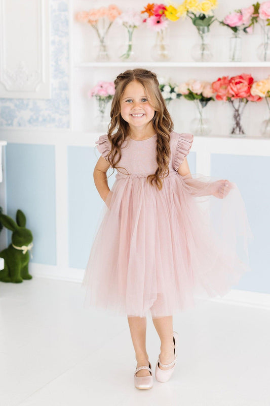 Dusty Pink Shimmer Tutu Dress with Flutter Sleeves