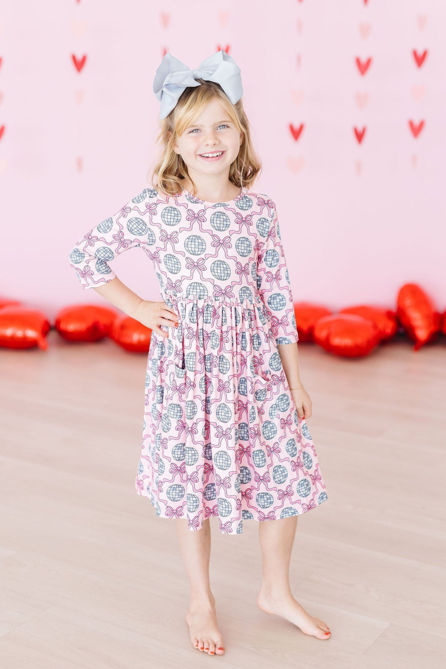 Disco Bows 3/4 Sleeve Pocket Twirl Dress Mila & Rose