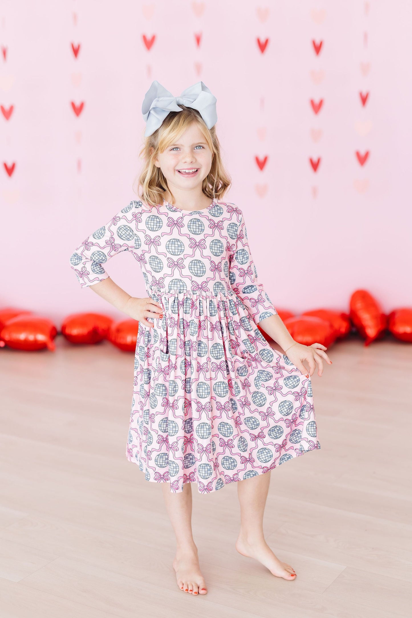 Disco Bows 3/4 Sleeve Pocket Twirl Dress Mila & Rose