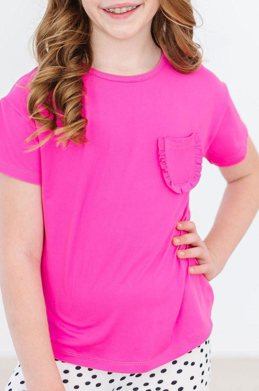 Hot Pink Ruffle Pocket Tee Boxy Fit T-Shirt Mila & Rose