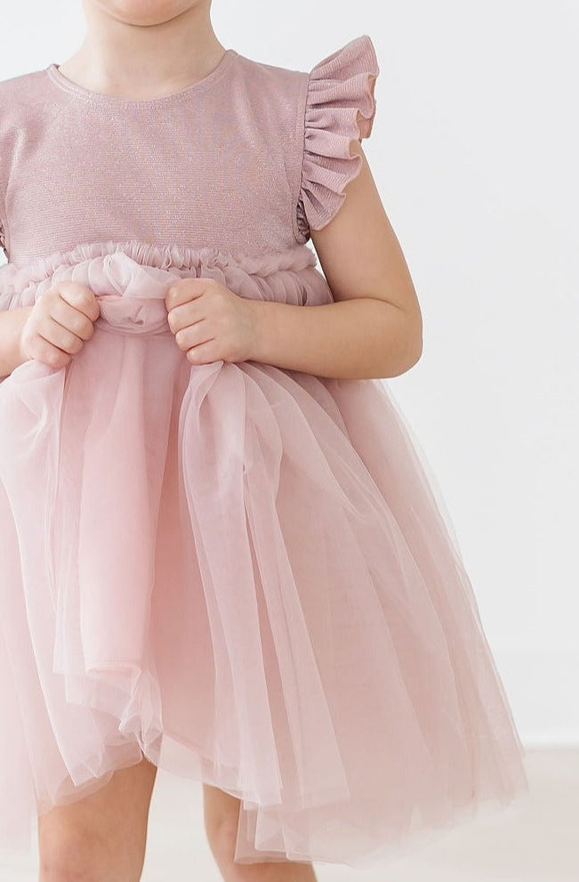 Dusty Pink Shimmer Tutu Dress with Flutter Sleeves