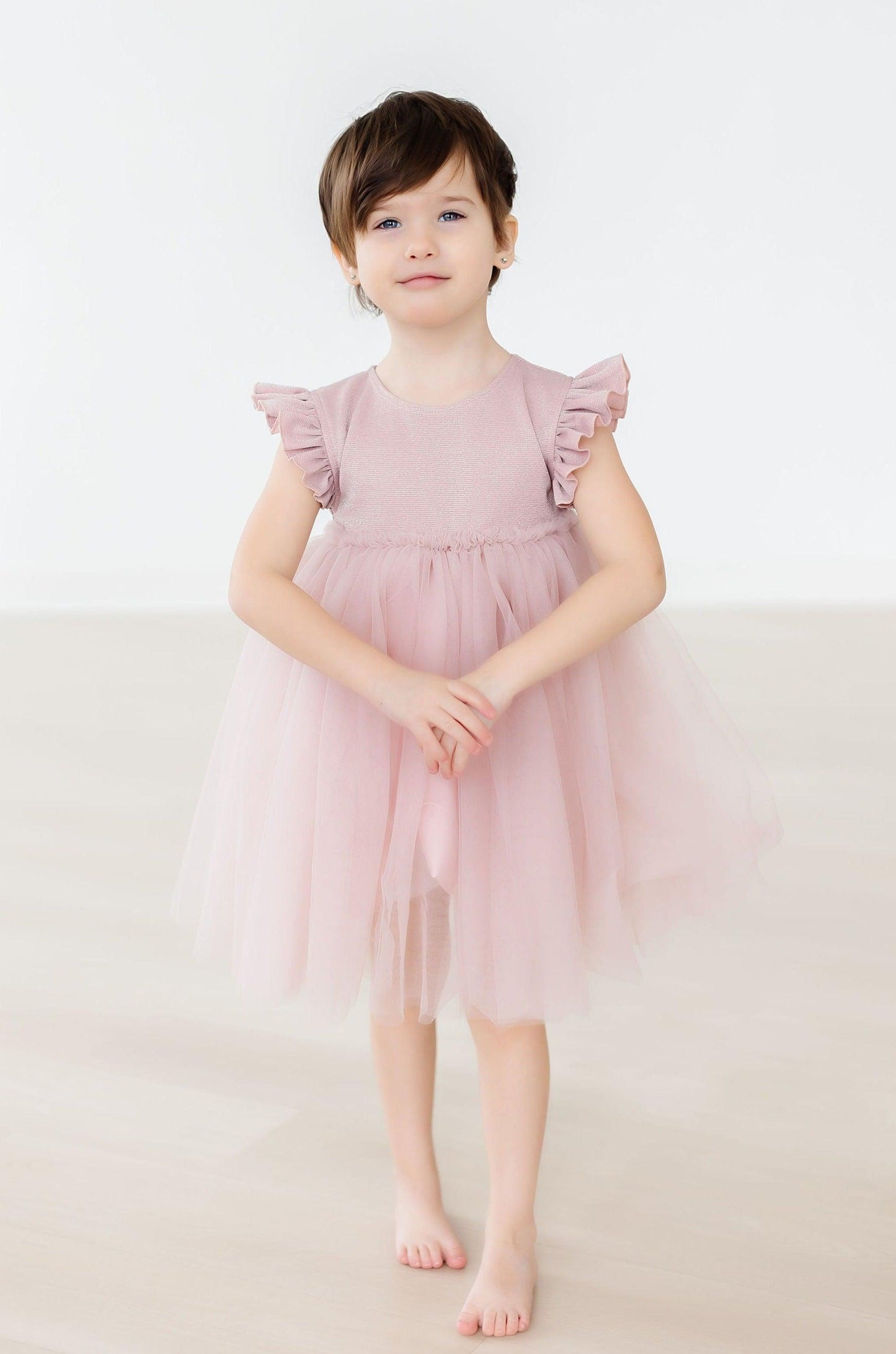Dusty Pink Shimmer Tutu Dress with Flutter Sleeves