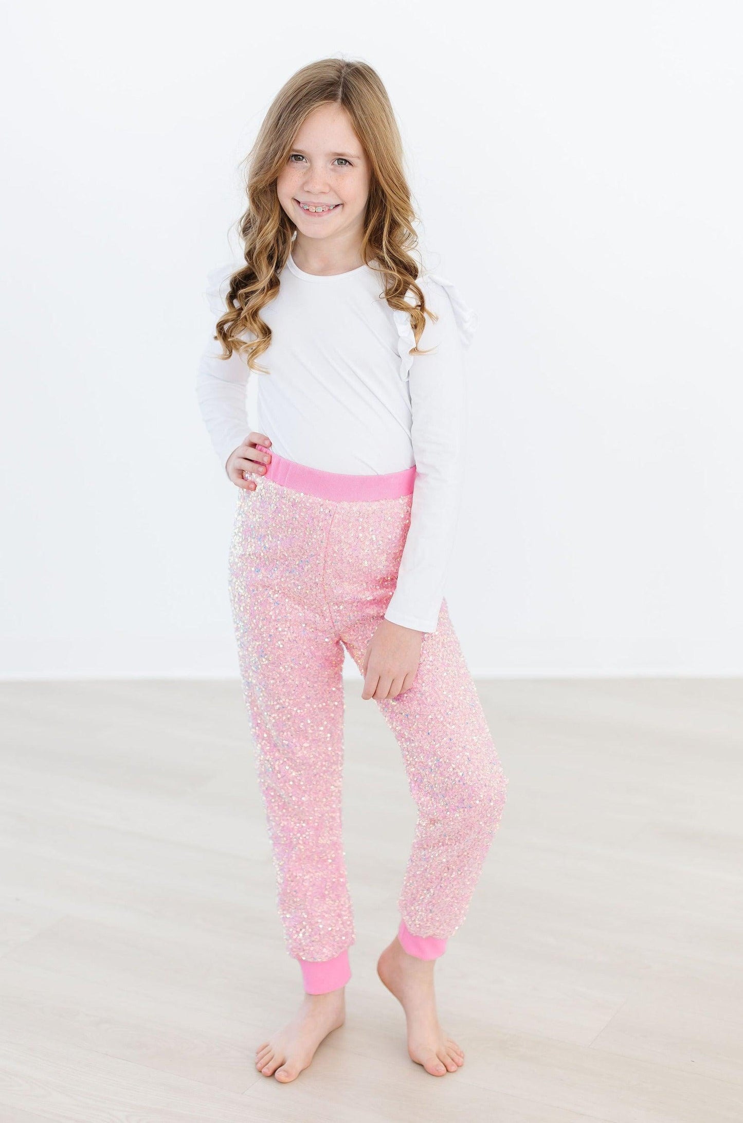 Bubblegum Pink Sequin Joggers Comfort Elastic Waist Mila & Rose