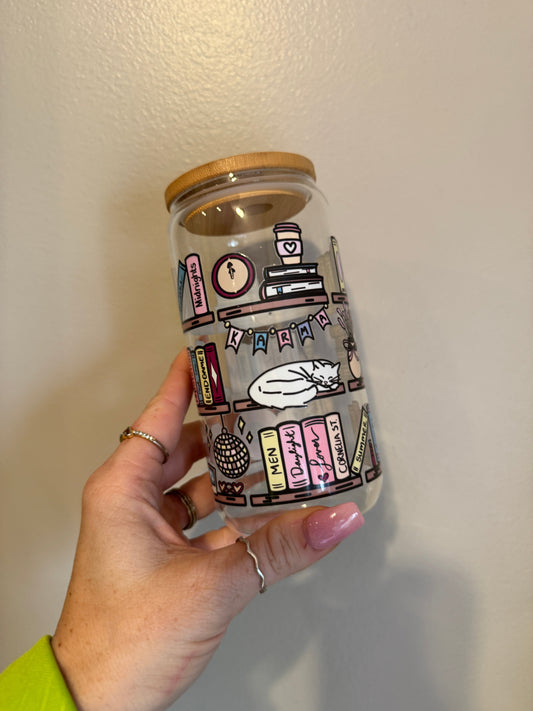 Swiftie Bookshelf Pastel Glass Cup with Bamboo Lid