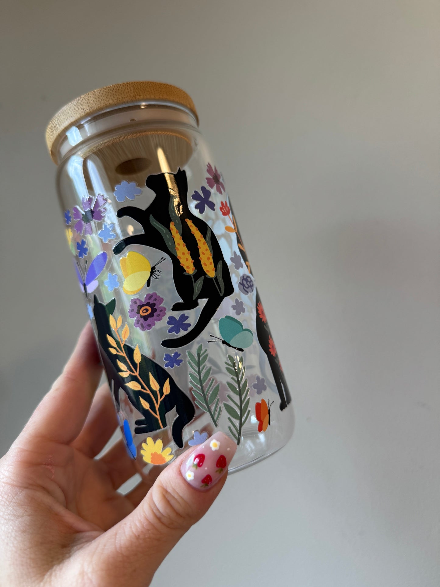 Cat Floral 16oz Glass and 17oz Plastic Mug Sawdust and Cedar