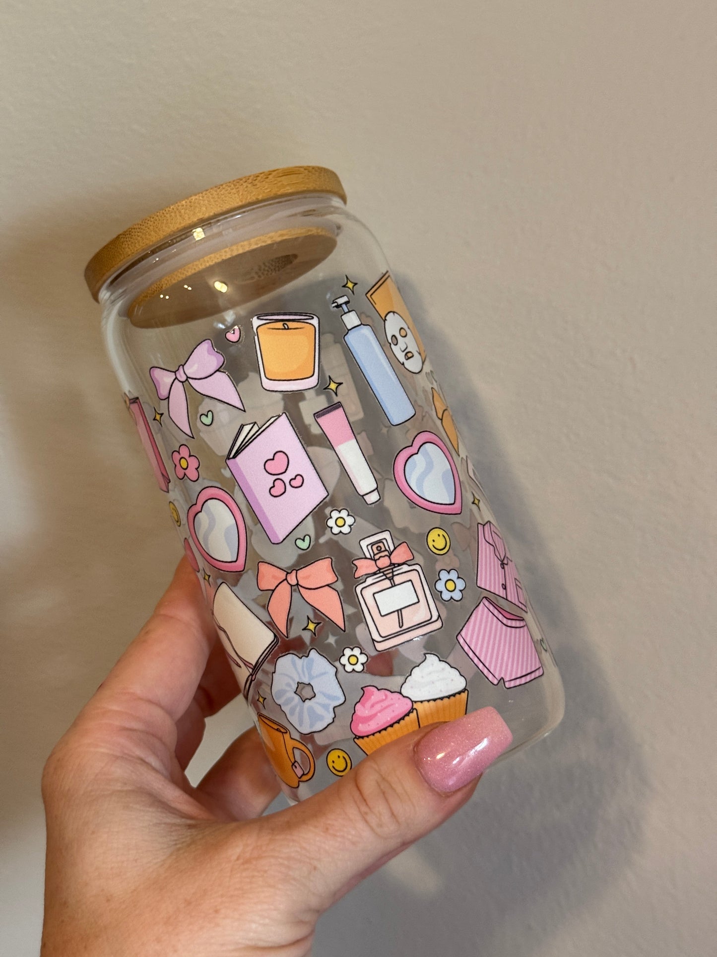 Self Care Girly 16oz Glass Cup Sawdust and Cedar