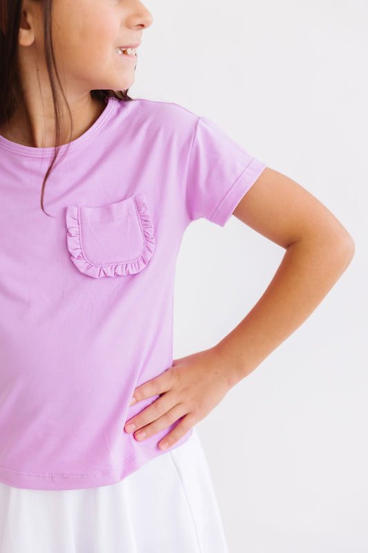 Bright Lilac Ruffle Pocket Tee Boxy Fit Trendy Basic Mila & Rose