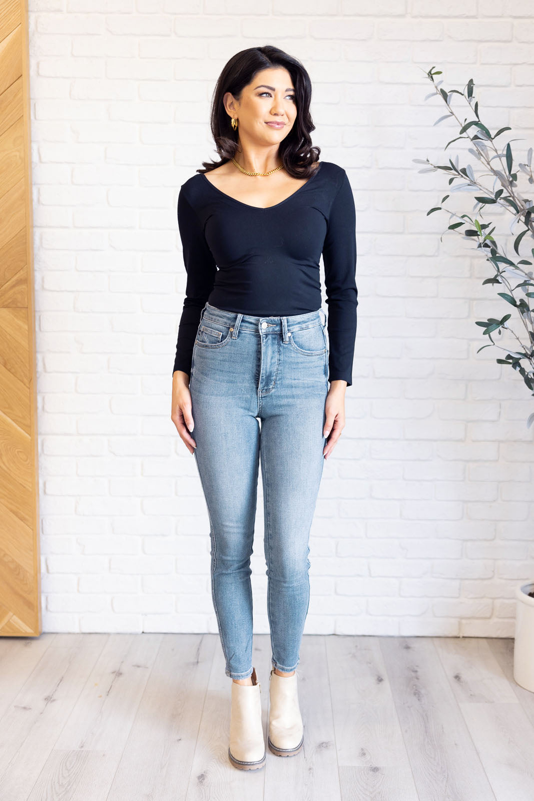 High Rise Contrast Wash Control Top Skinny Jeans Justine