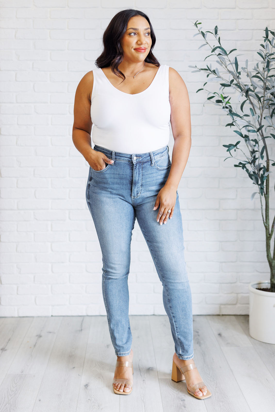 High Rise Contrast Wash Control Top Skinny Jeans Justine