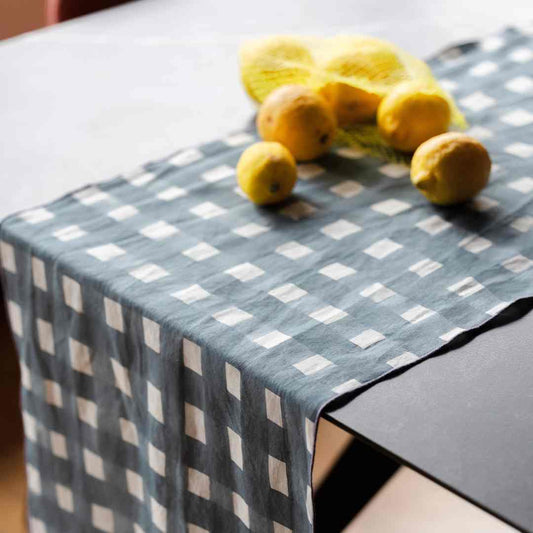 Blue Cross Hatch Table Runner 16x90 inches European Linen
