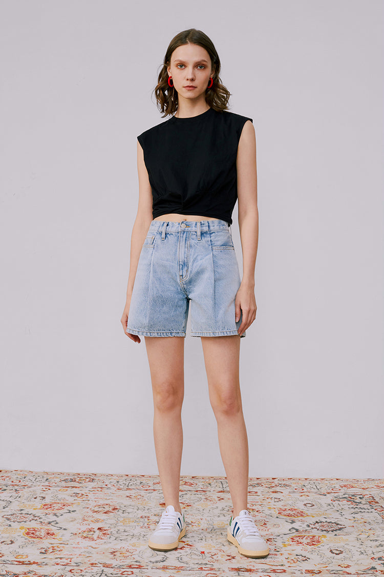 Pleated Fun Short High-Rise Mid-Weight Denim Shorts Hey Joanie