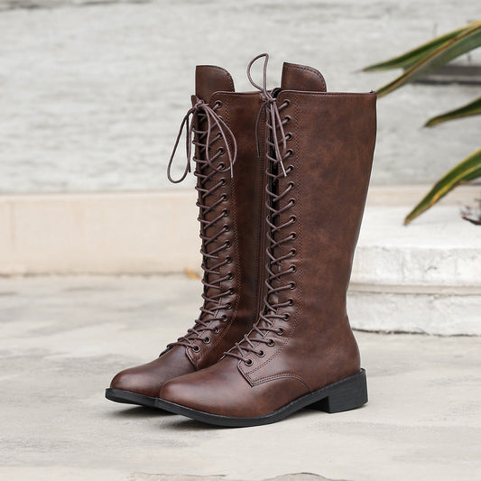 Round Toe Lace-Up Knee-High Boots Stylish Casual Long Boots Women’s