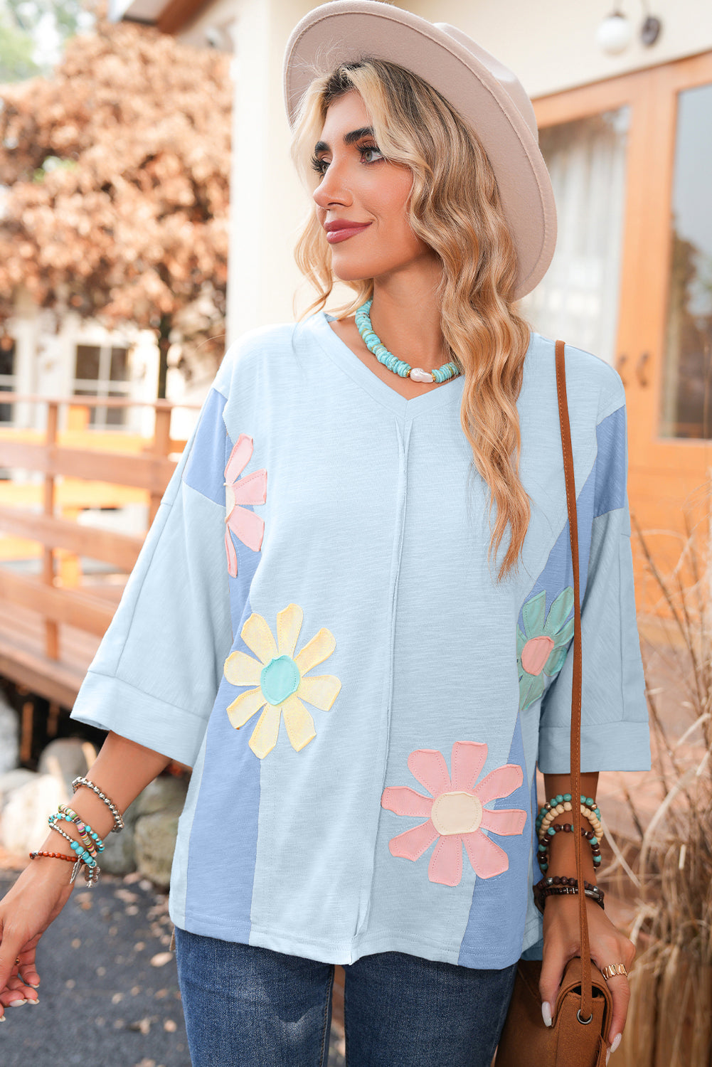 Green Flower Patched Exposed Seam 3/4 Sleeve Top