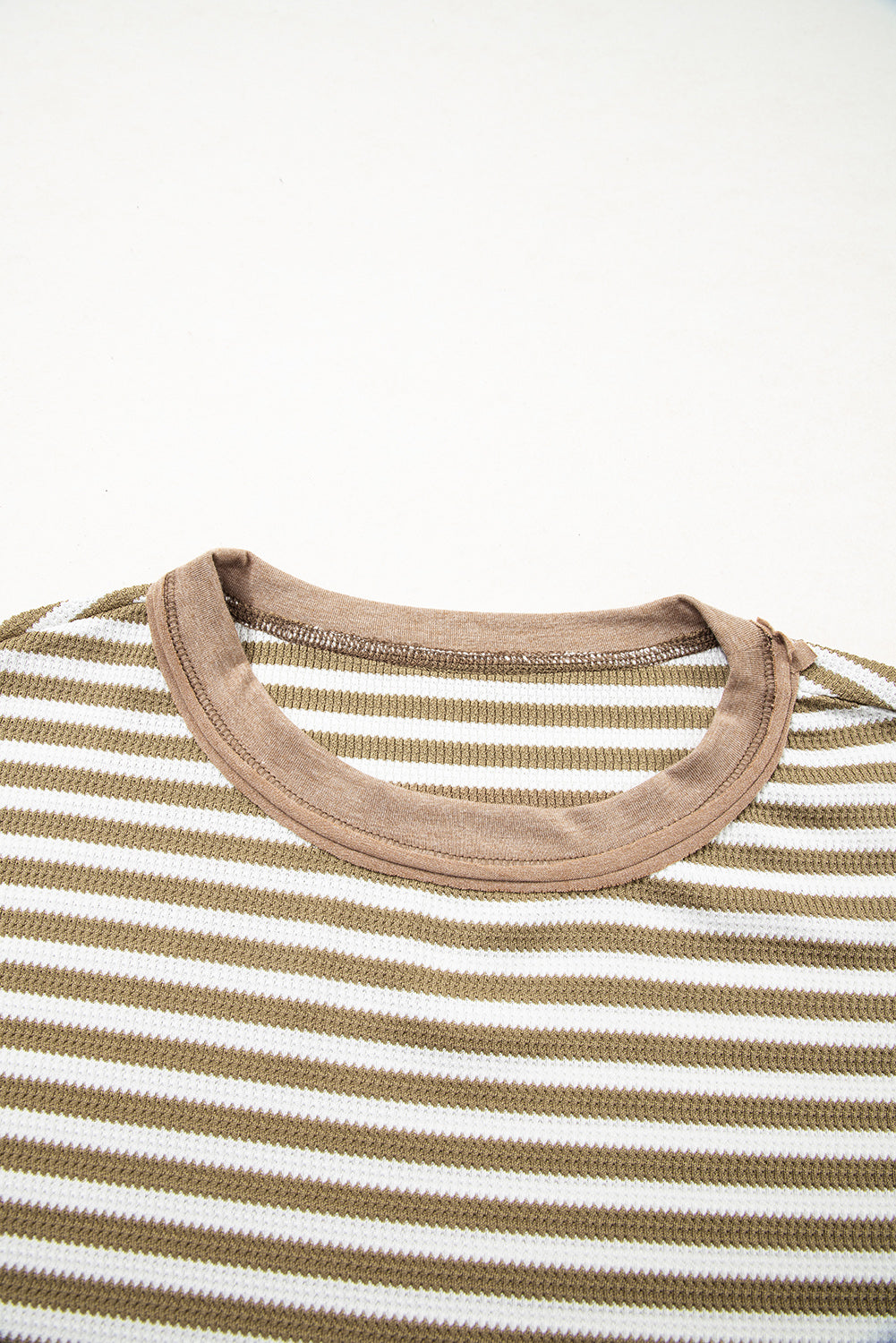 Khaki Stripe Thermal Knit Casual Top Drop Shoulder