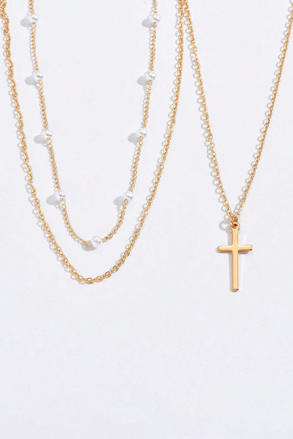 Gold Plated Pearl Decor Cross Pendant Triple Layer Chain Necklace
