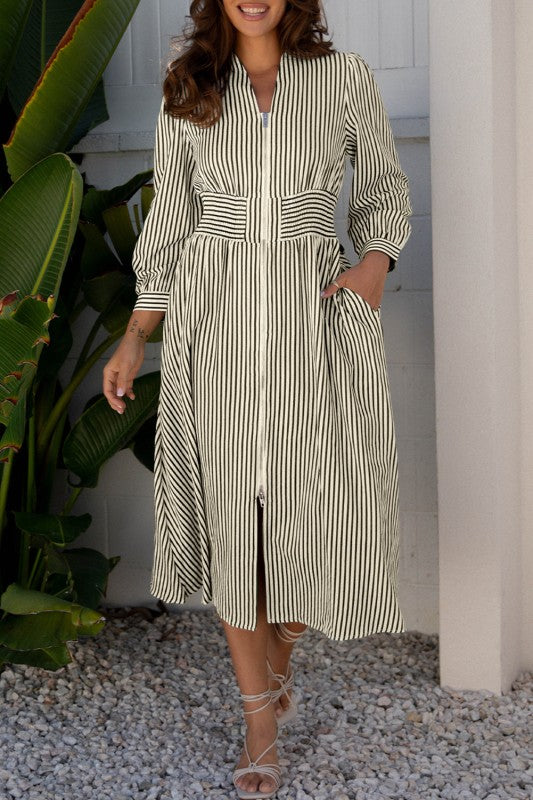Stripe V-Neck Zip Front Midi Dress