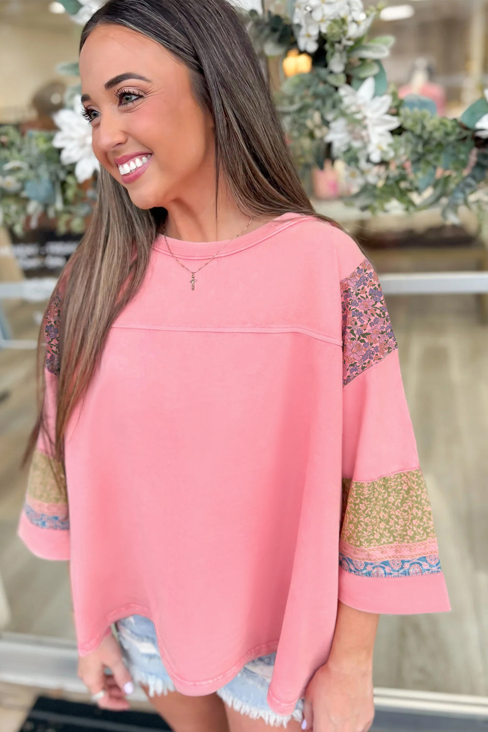 Pink Floral Color Block Patchwork Long Sleeve Top Gossamer