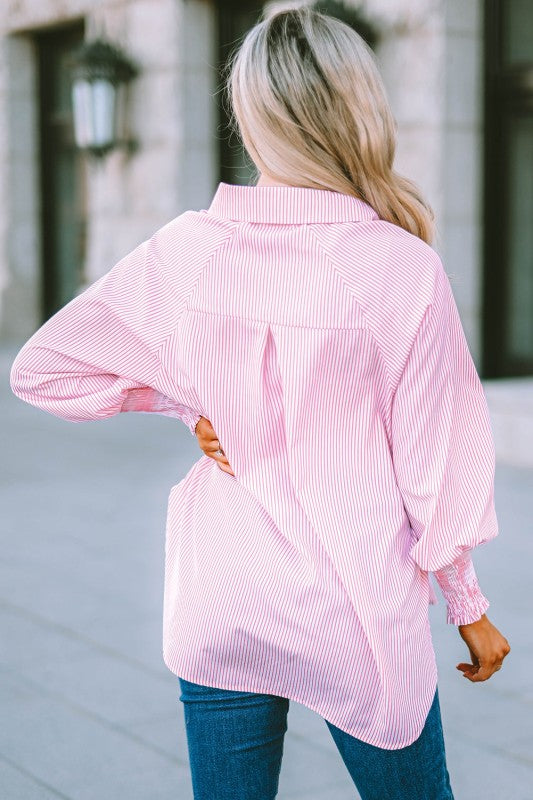 Stripe Smocked Long Sleeve Button-Up Shirt