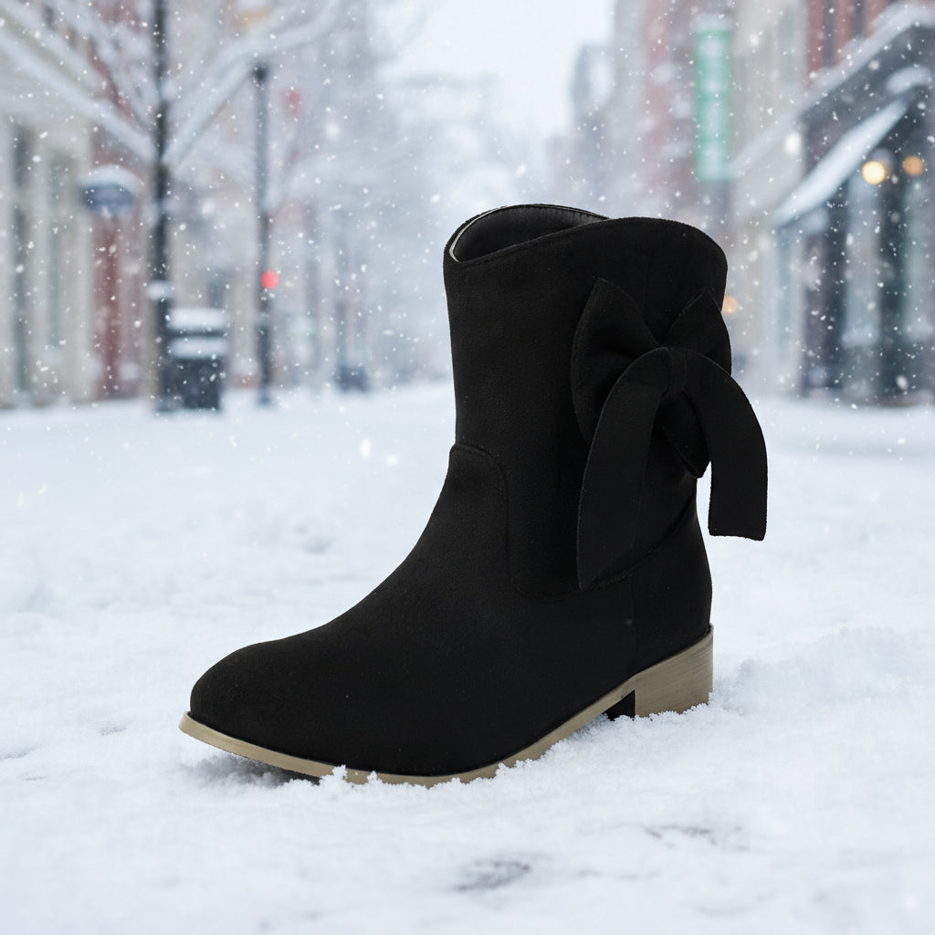 Women’s Low Heel Suede Bow Casual Winter Ankle Boots