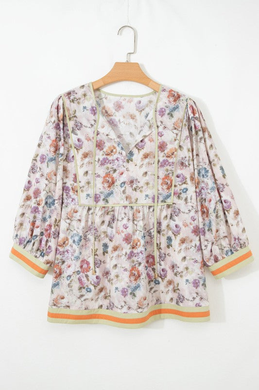 Plus Size Floral Stripe Contrast Trim Babydoll Blouse