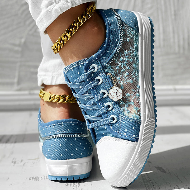 Floral Embroidered Polka Dot Print Sneakers Women's Casual Canvas Shoes
