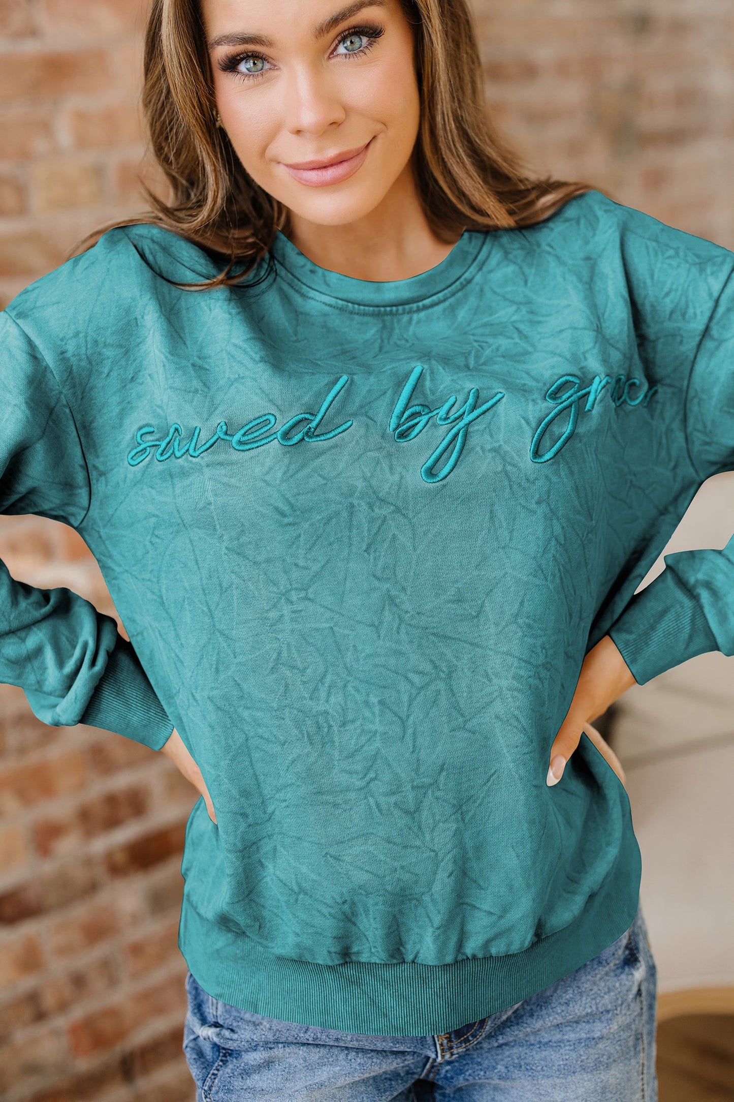 High-rise Mineral Wash Loose Sweatshirt Letter Embroidery