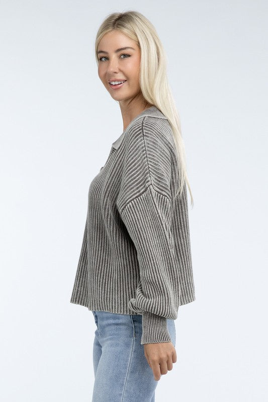 Washed Collared Henley Sweater Low Gauge Heavyweight Sweater
