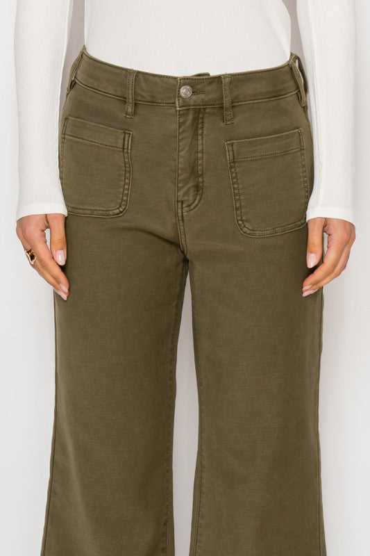 High Rise Crop Olive Color Wash Palazzo Jeans AT2113PZOV