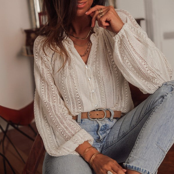 White Lace Hollow Out Puff Sleeve Button Up Shirt