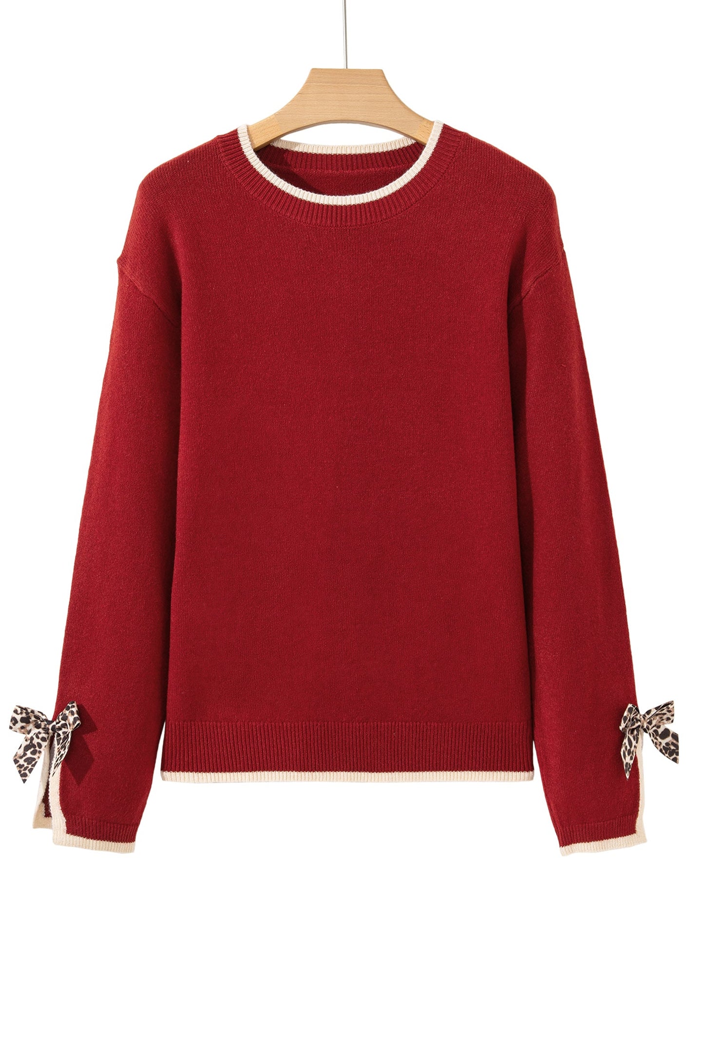 Racing Red Leopard Bow Decor Split Cuff Contrast Trim Sweater