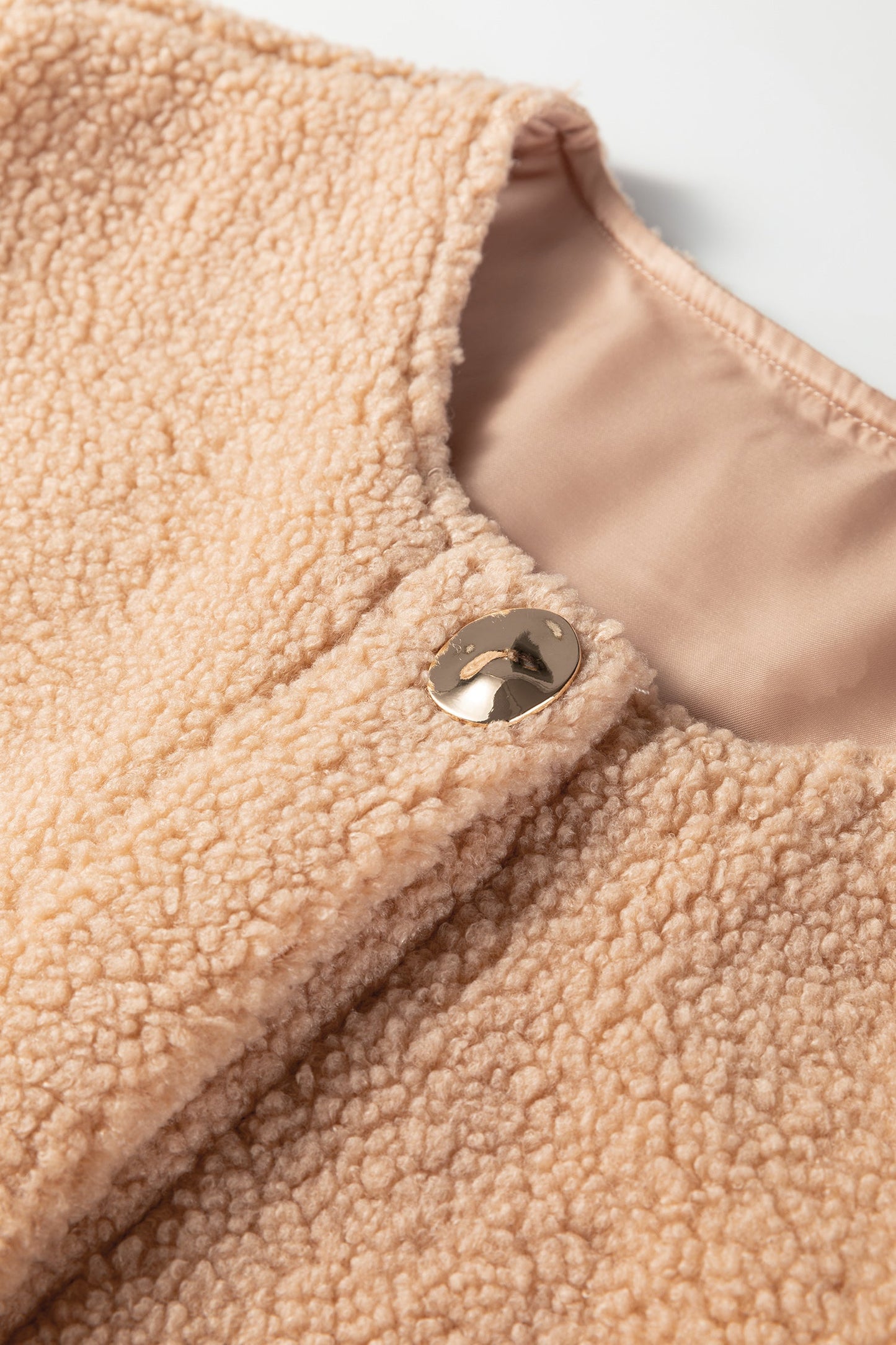 Light French Beige Fuzzy Pocket Vest Big Button Accent