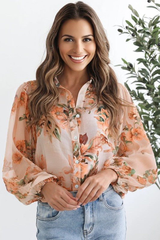 Floral Puff Sleeve Collared Shirt Light and Airy Women's Shirt