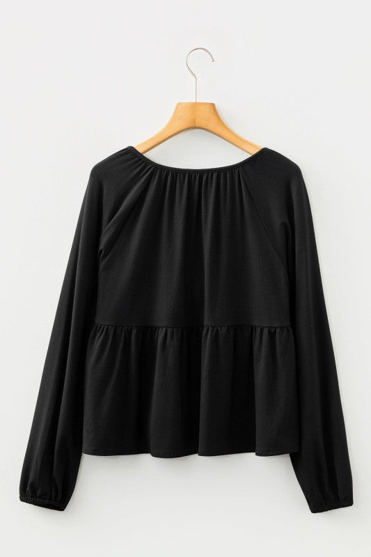 Smocked Split V-Neck Buttoned Blouse Solid