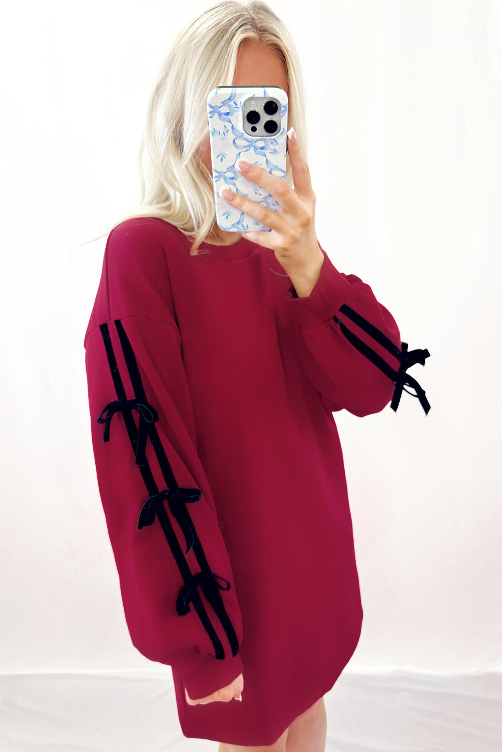 Racing Red Contrast Striped Bow Detail Sweatshirt Dress with Pockets