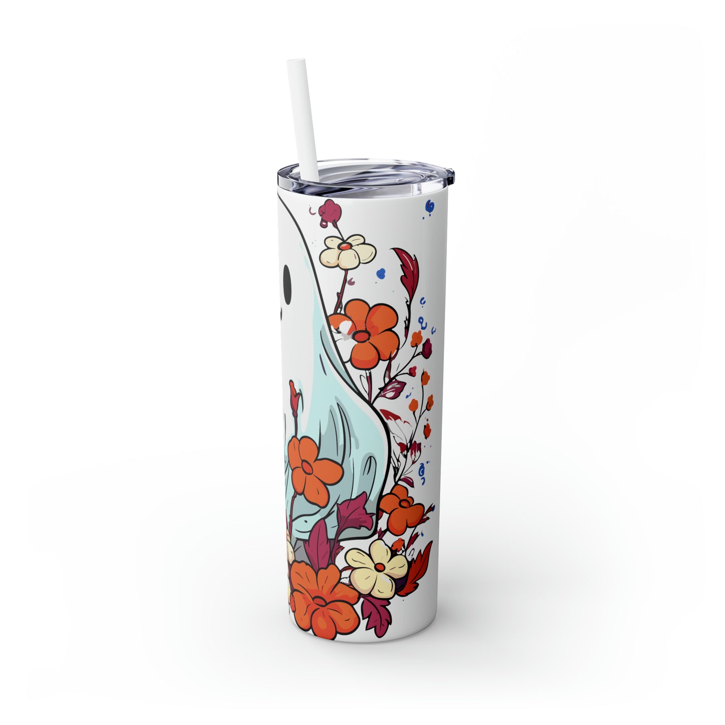 Halloween Skinny Tumbler with Straw 20oz - Spooky Drinkware - Ghost Theme - BPA-Free, Reusable Cup, Halloween Tumbler, Halloween Gift