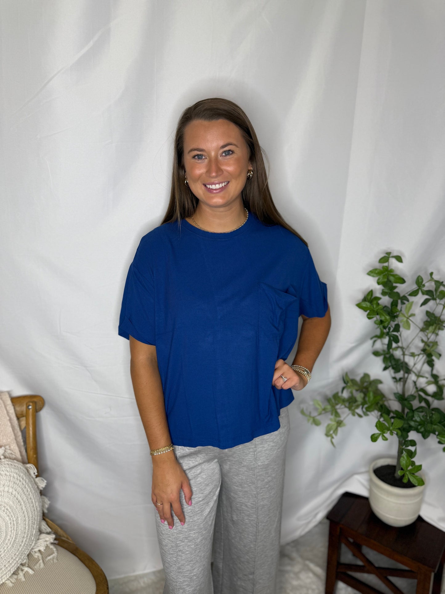 Ribbed Pocket Blue Oversized Tee