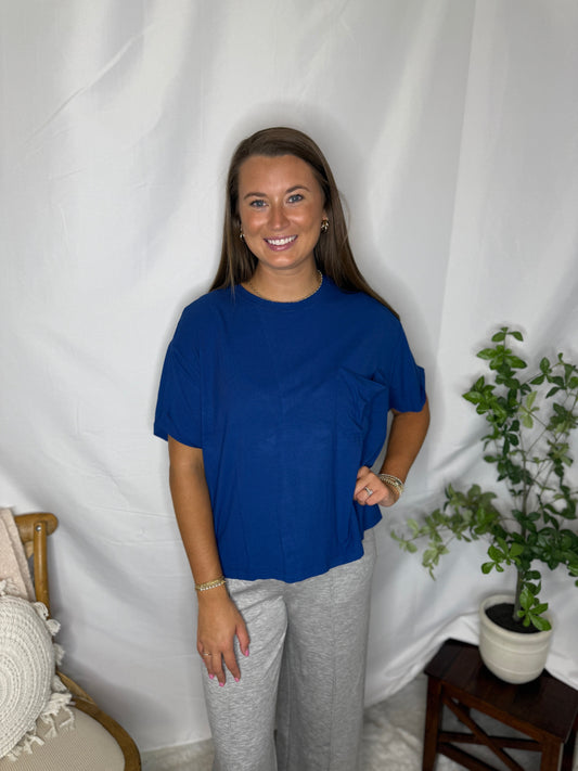 Ribbed Pocket Blue Oversized Tee