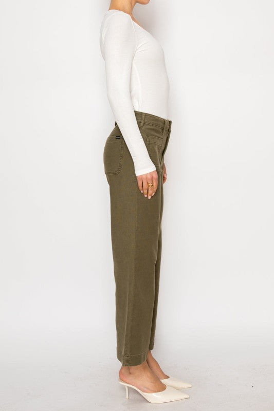 High Rise Crop Olive Color Wash Palazzo Jeans AT2113PZOV