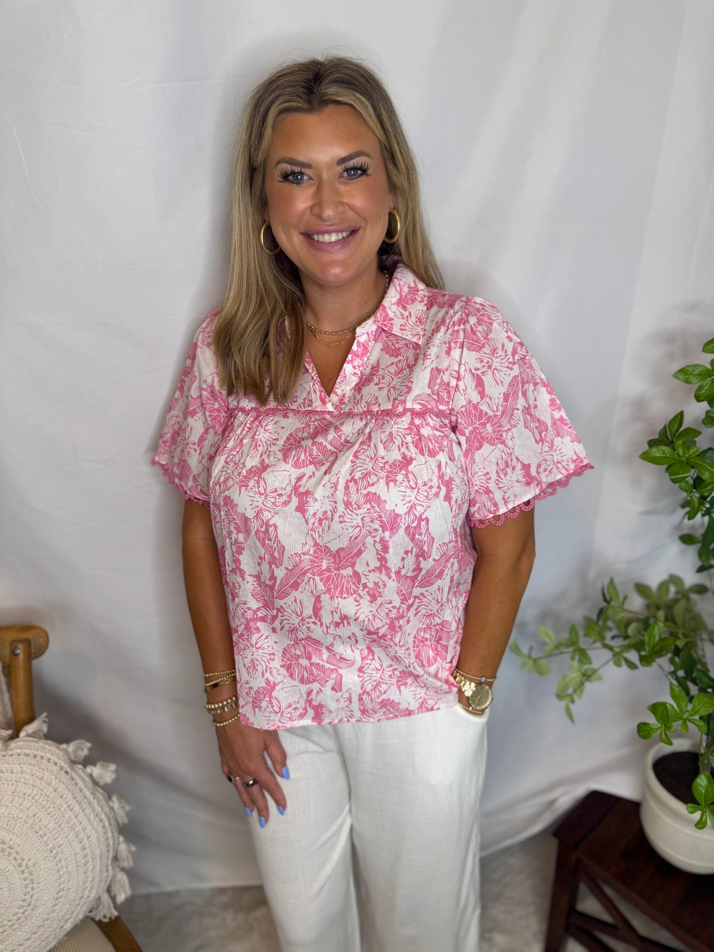 Tropical Breeze Pink Short-Sleeve Blouse