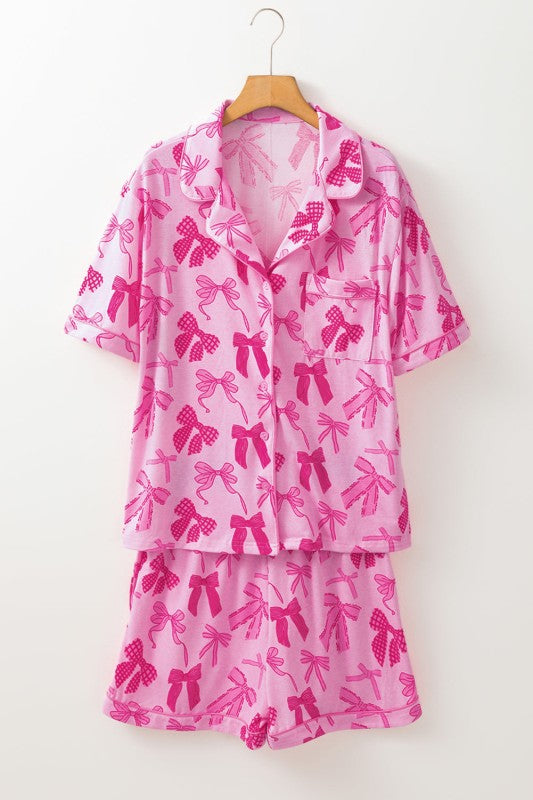 Bow Shirt and Shorts Pajamas Set Polyester Spandex